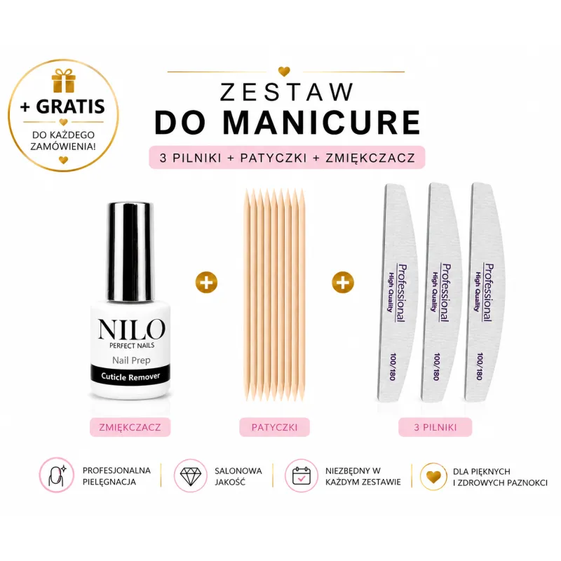 Zestaw do manicure – zmiękczacz skórek, 10 patyczków i 3 pilniki 100/180